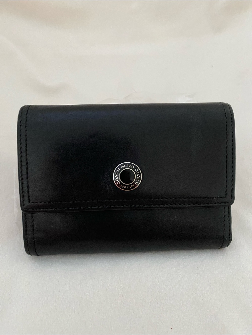 Vintage Coach Legacy Black Leather Mini Trifold Wallet, Snap Closure Early 2000s